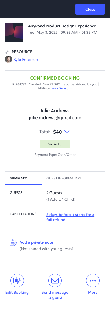 AnyRoad mobile — booking detail
