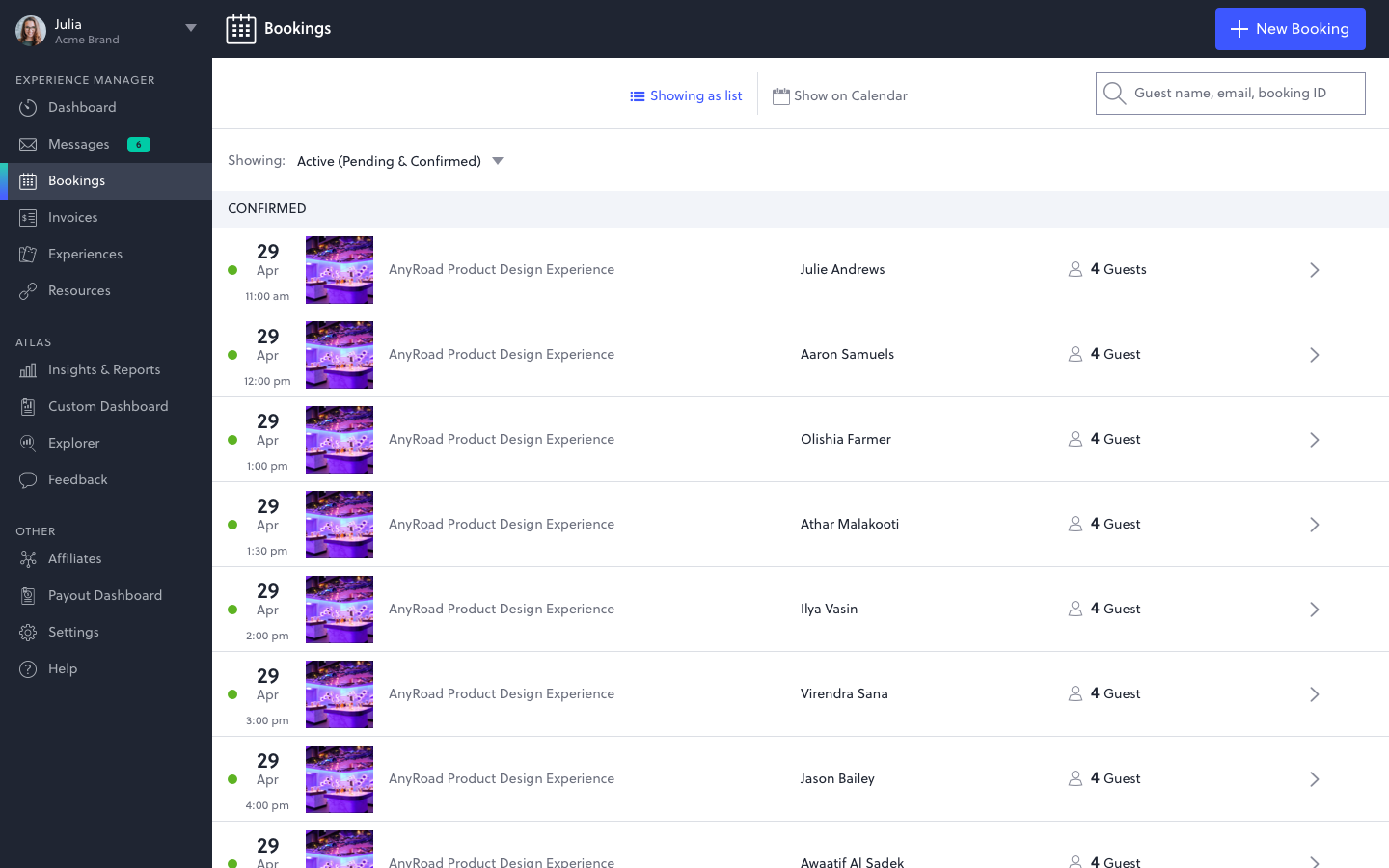 AnyRoad Experience Manager — bookings list