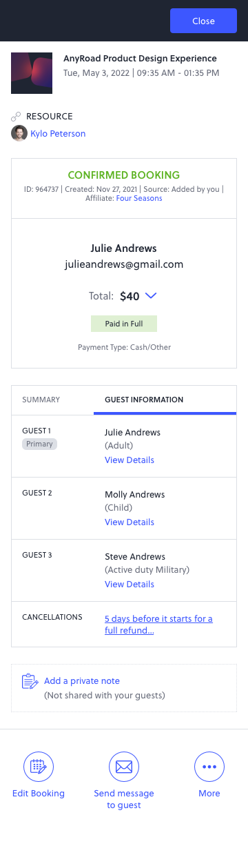 AnyRoad mobile — guest info