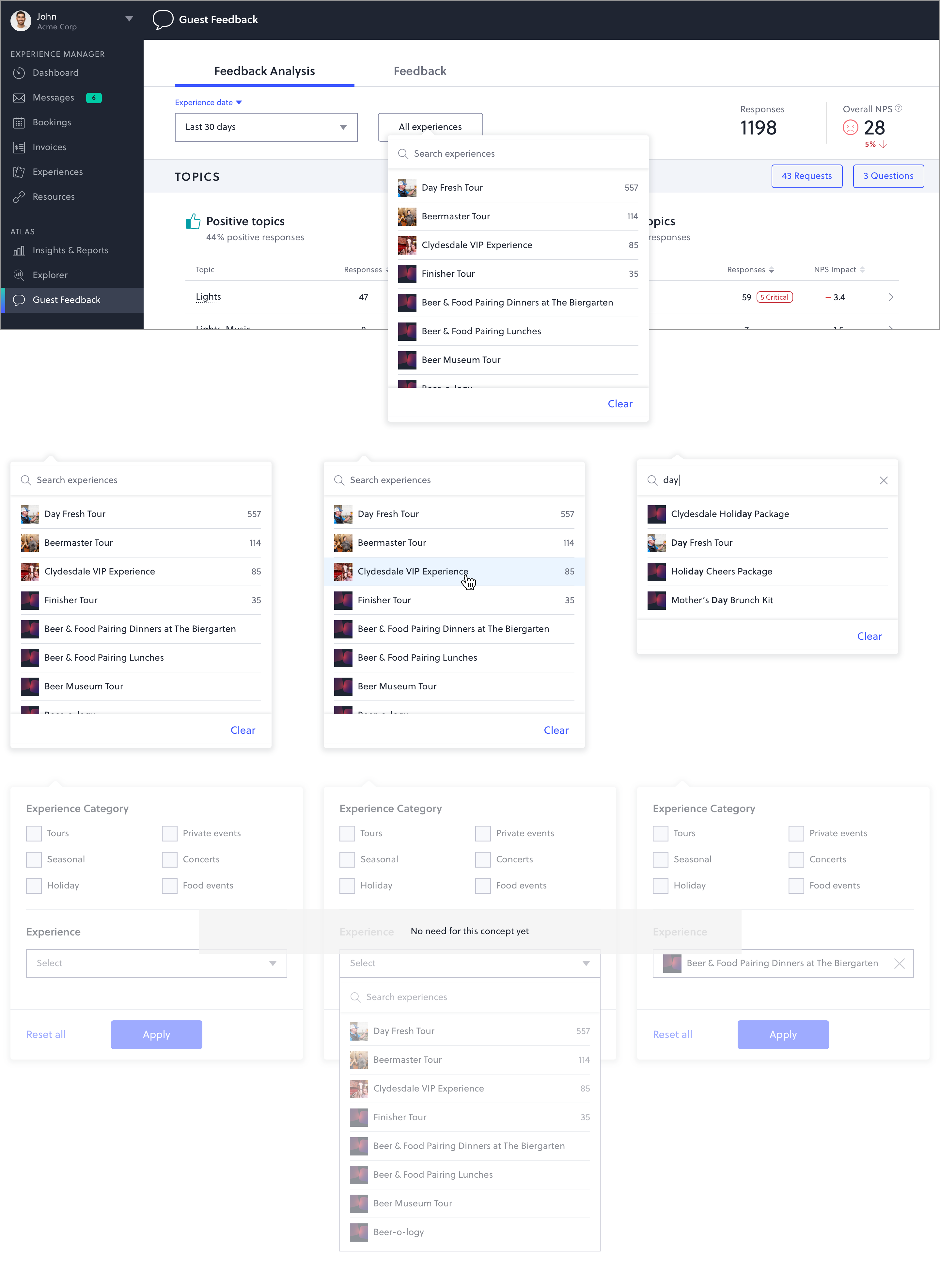 Pinpoint AI Experience filter dropdown