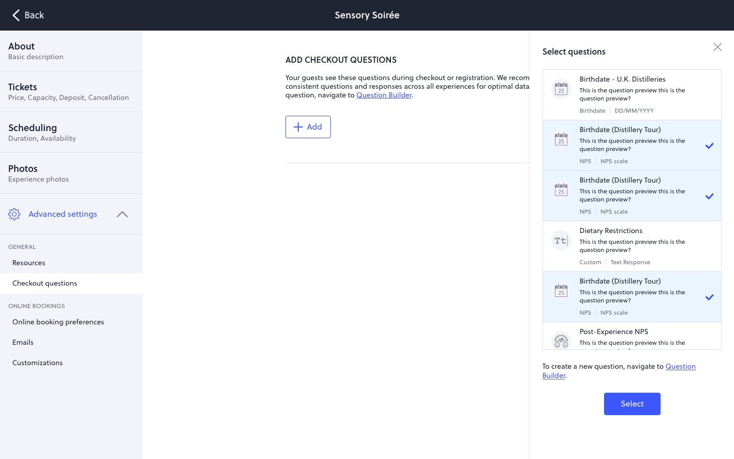 Add Checkout Questions panel · Selecting from the question library to add to an experience