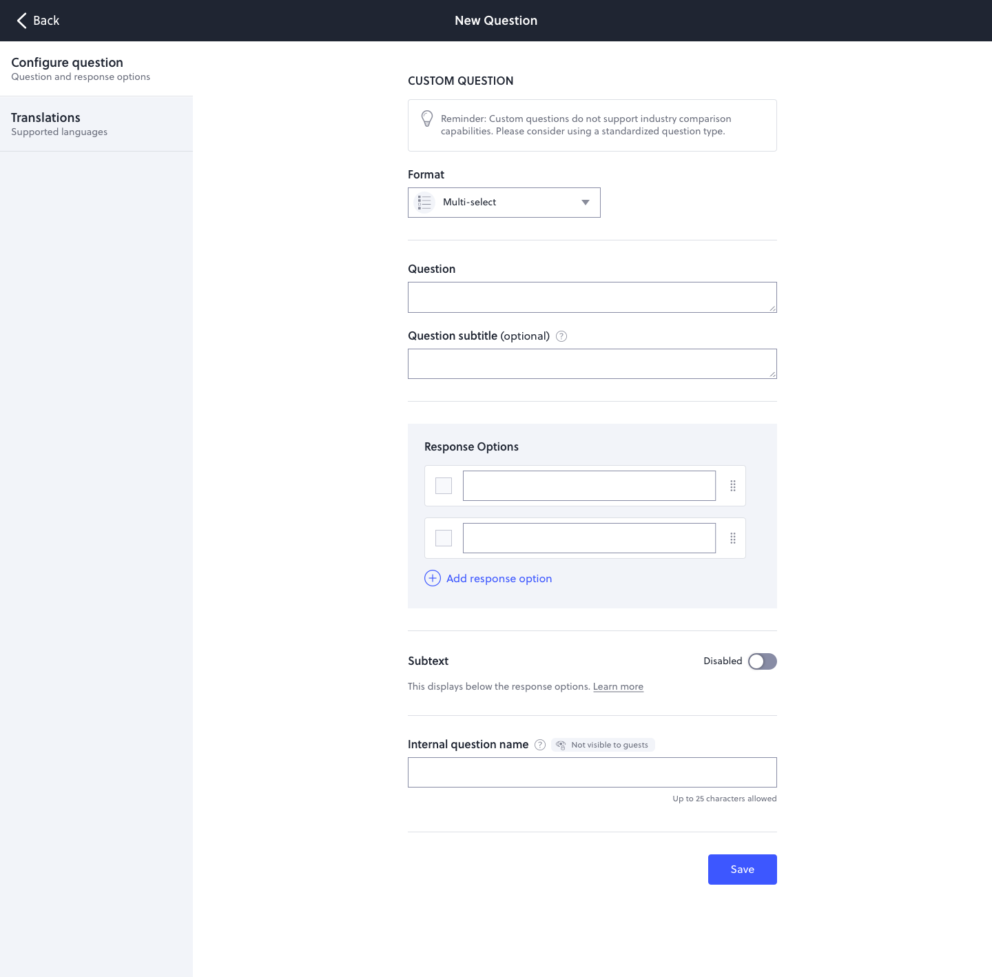 Custom question editor · Multi-select response format with translations sidebar