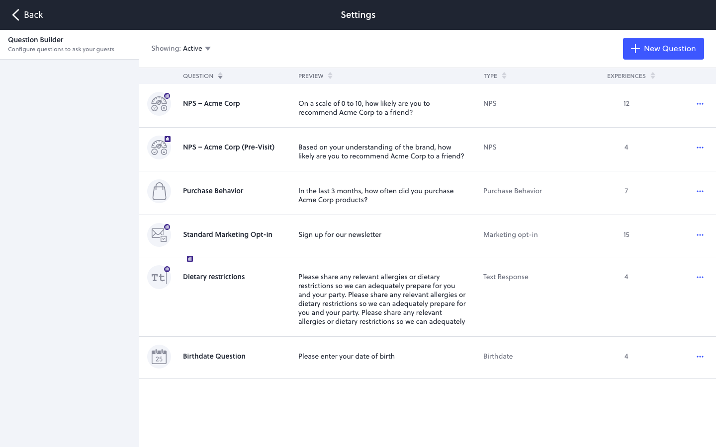 Question Builder home · Library of all configured questions, organized by type and reuse count