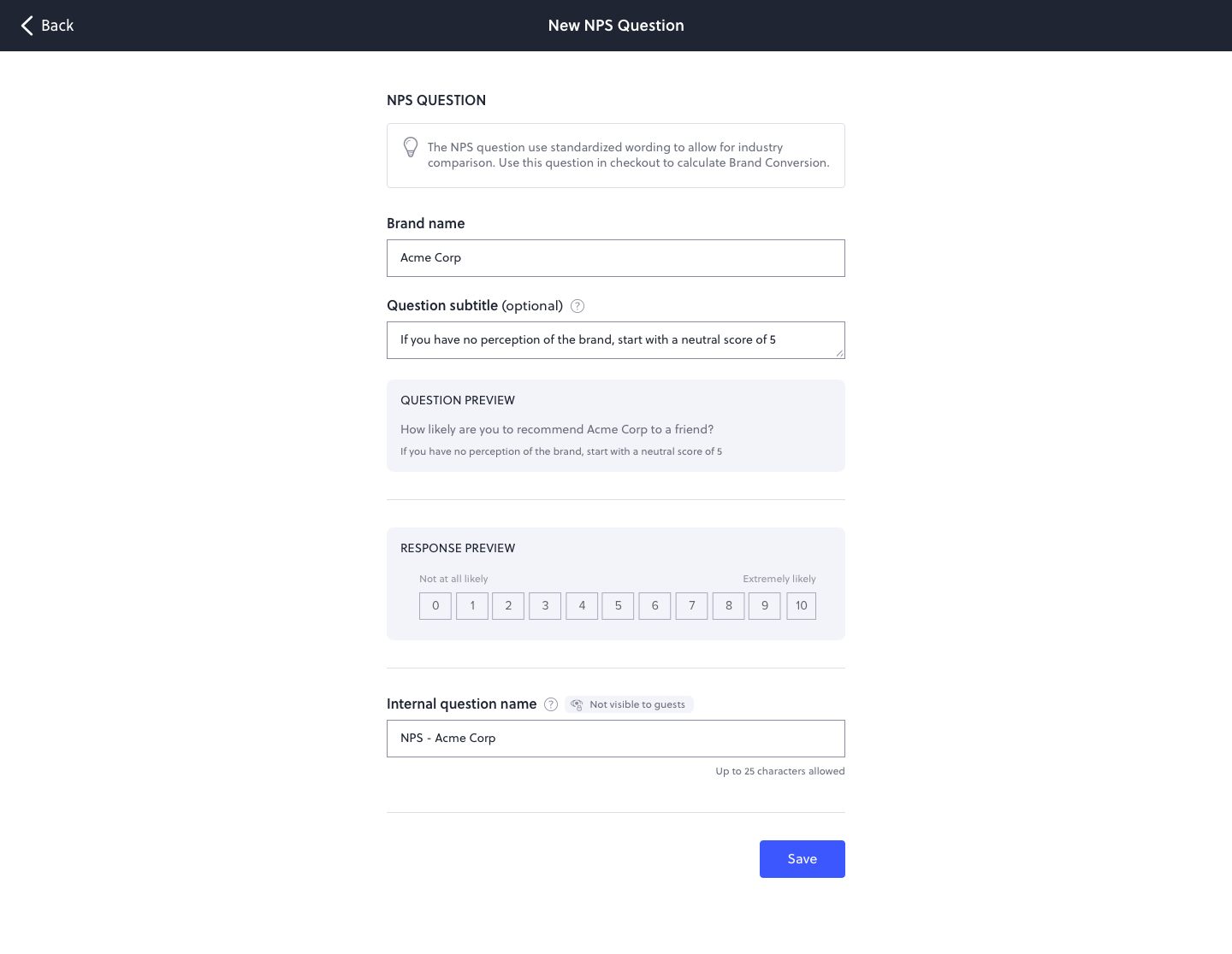 NPS question editor · Brand name, optional subtitle, response preview, internal name
