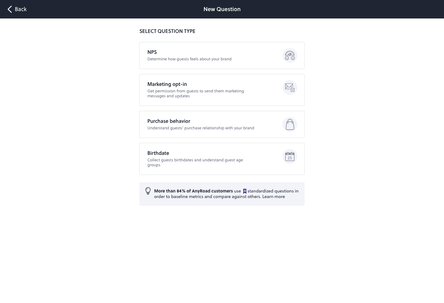 New Question type picker · NPS, Marketing Opt-in, Purchase Behavior, Birthdate