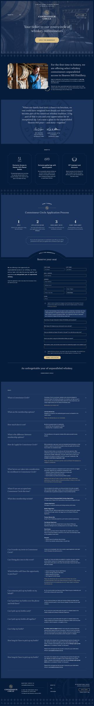 Heaven Hill Connoisseur Circle application page with branded hero, member info form, and a verified invitation code display