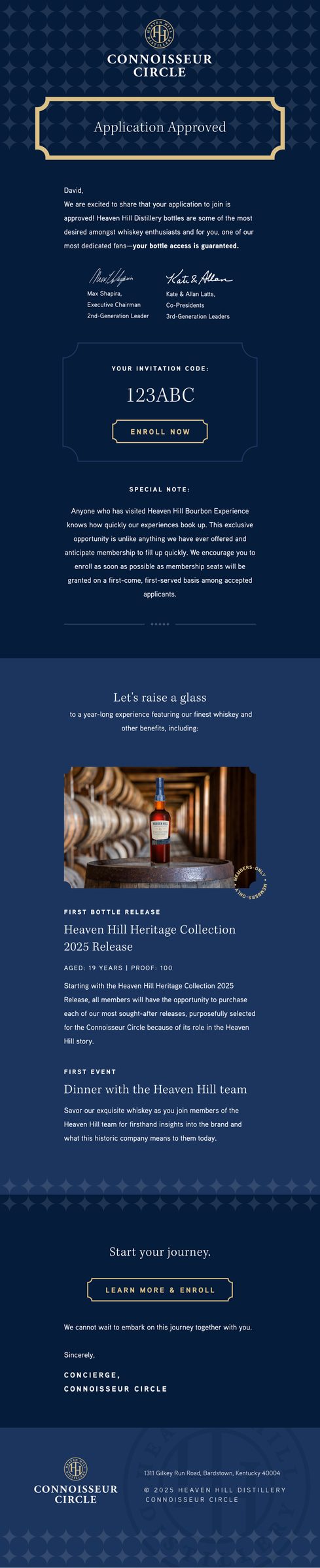 Heaven Hill Connoisseur Circle invitation email with Application Approved heading, signed by the co-presidents, with an invitation code and Enroll Now button